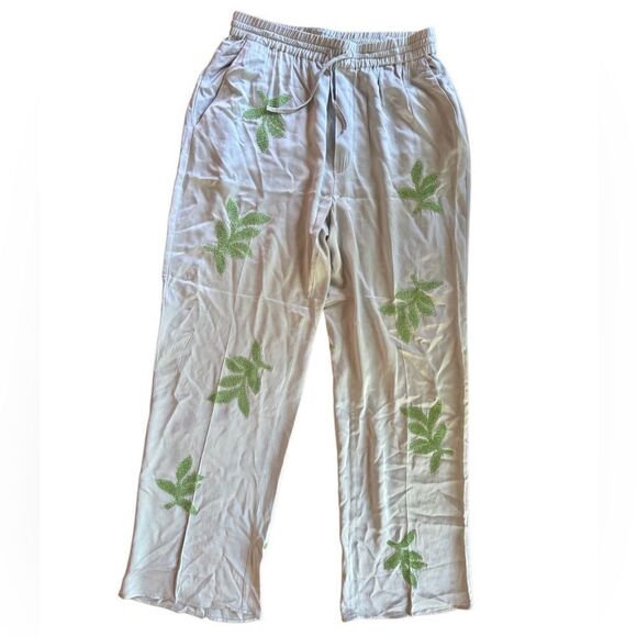 ZARA Women's High Waist Satin Embellished Leaf Pants in Sky Blue Size Medium - Picture 9 of 10